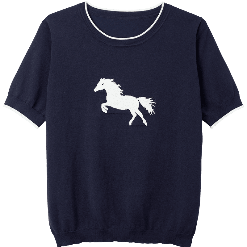 Demana Eco-friendly Lyocell Summer Pony Jacquard Color-block Slim Fit Short Sleeve Knit Top for Women