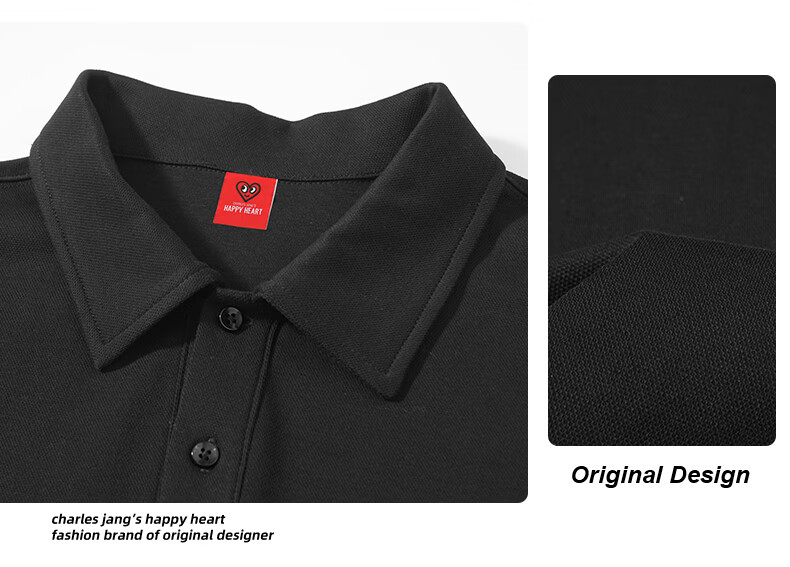 Charles Heart Summer Minimalist Campus Style Short Sleeve Polo Shirt Casual Unisex Black L 6