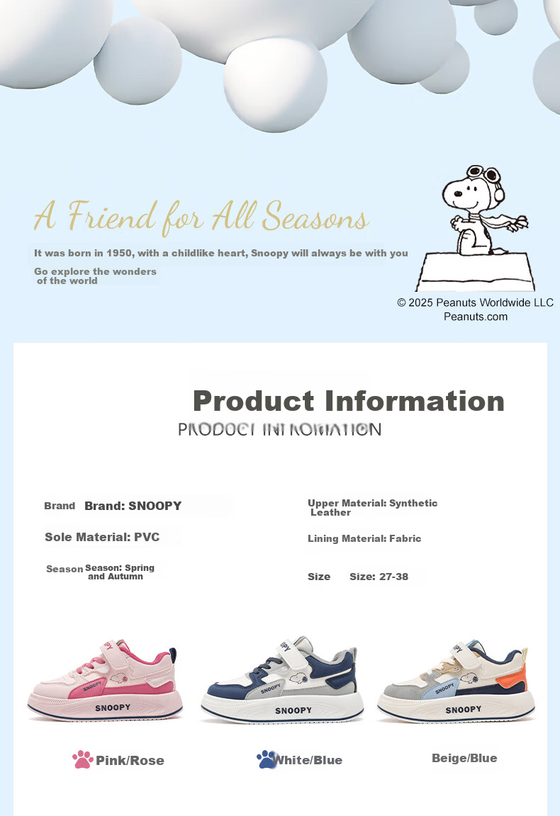 SNOOPY Spring Autumn Boys Lightweight Sports Shoes Girls Magic Tape Soft Sole Casual Shoes Kids Running Shoes 0010 Beige/Blue Size 27 1