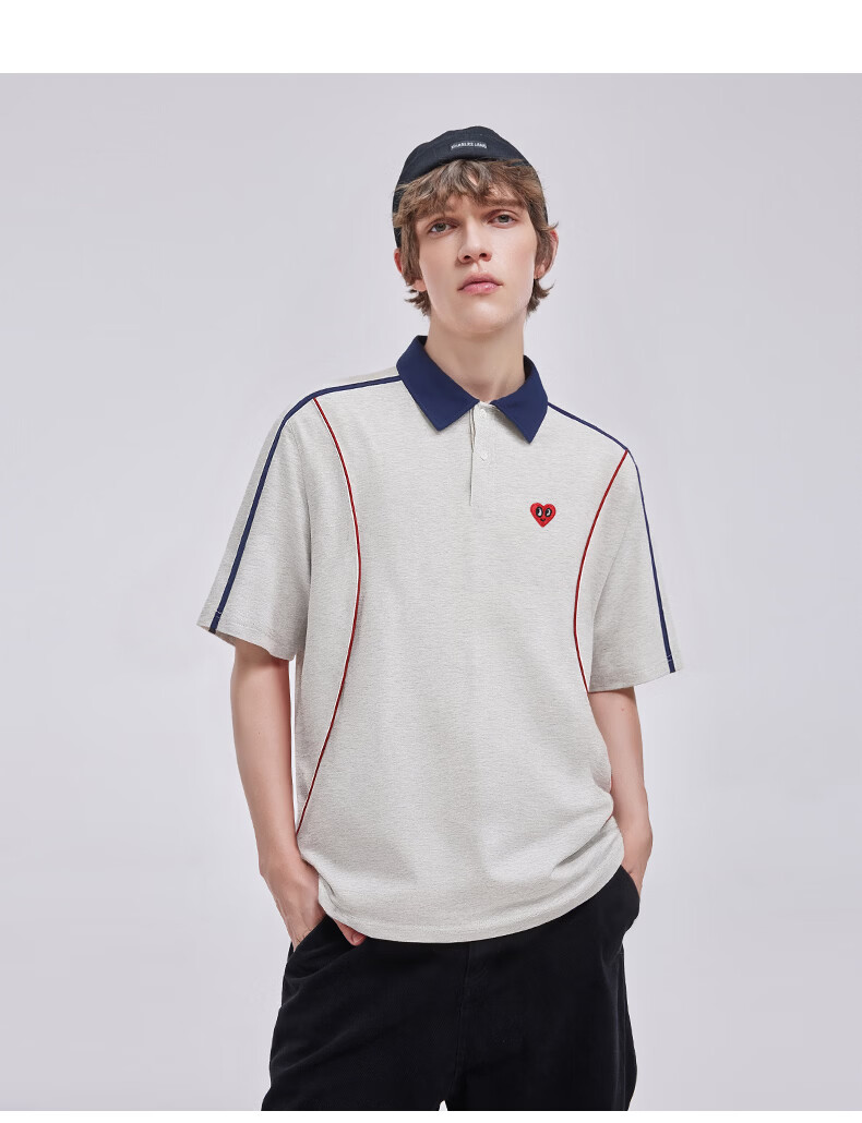 Charles Heart Summer Business Casual Patchwork Short Sleeve Polo Shirt Unisex Pure Cotton Versatile Couple Light Heather Gray M 13