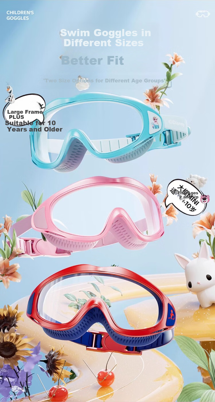 Disney Kids Swimming Goggles Boys Girls HD Waterproof Anti-Fog Large Frame Swim Glasses 3-Piece Set D65646 Elsa Princess Pink 2