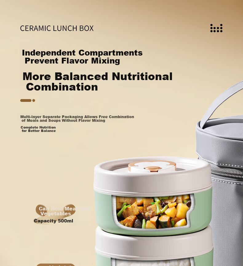 Ymer Insulated Lunch Box Microwaveable Ceramic Set Green 2-Pack (One Large, One Small) 14