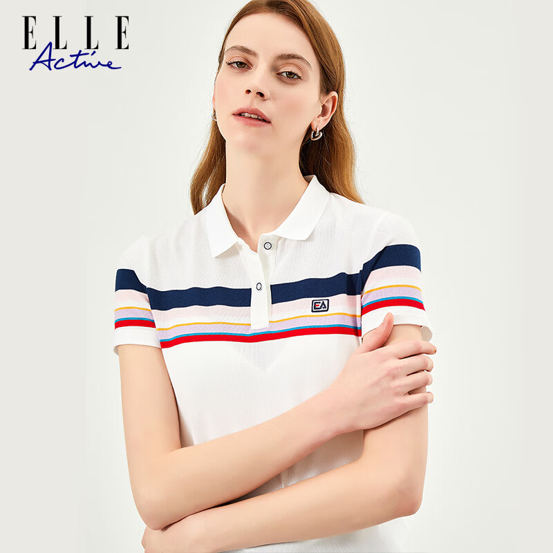 ELLE ACTIVE Fashion Color-Block Striped Polo Shirt Women Short Sleeve Casual Sports T-Shirt Summer Vibrant Collared Top White S