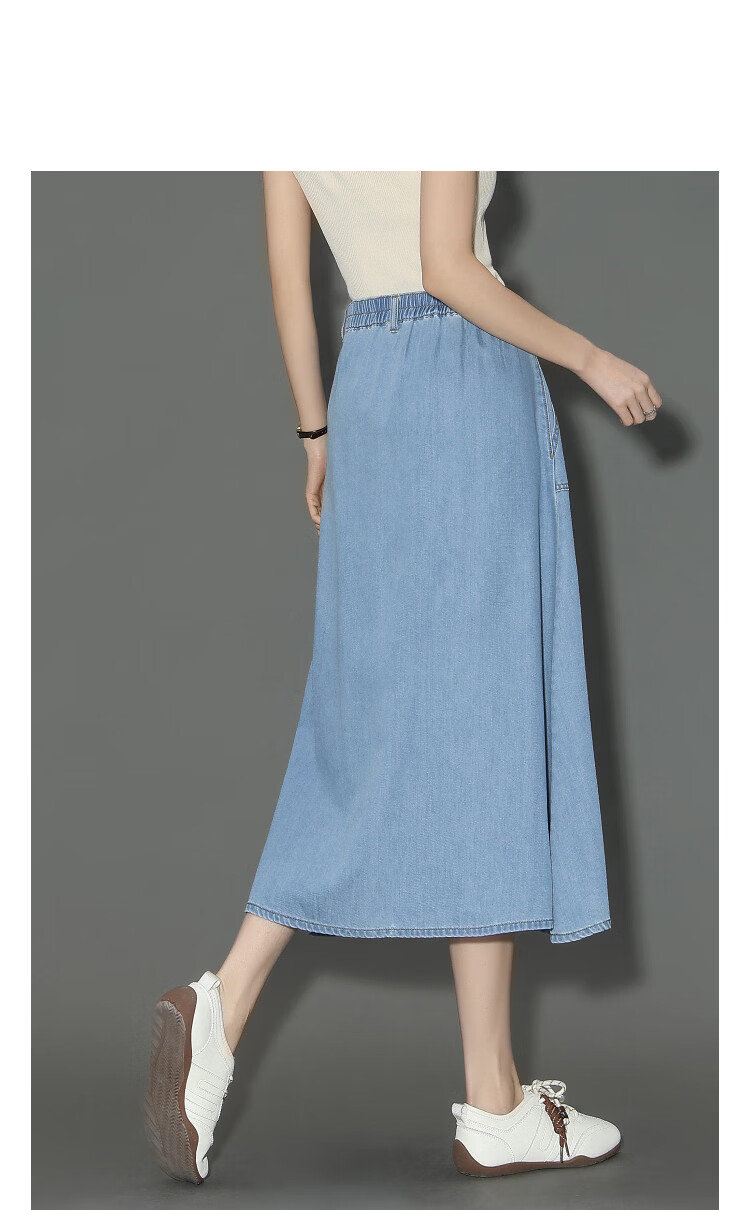 Demana [Cloud Oxygen Cotton Series] Summer Simple Elastic Back Waist Side Pockets Loose Slimming Denim Midi Skirt for Women Premium Feel 11