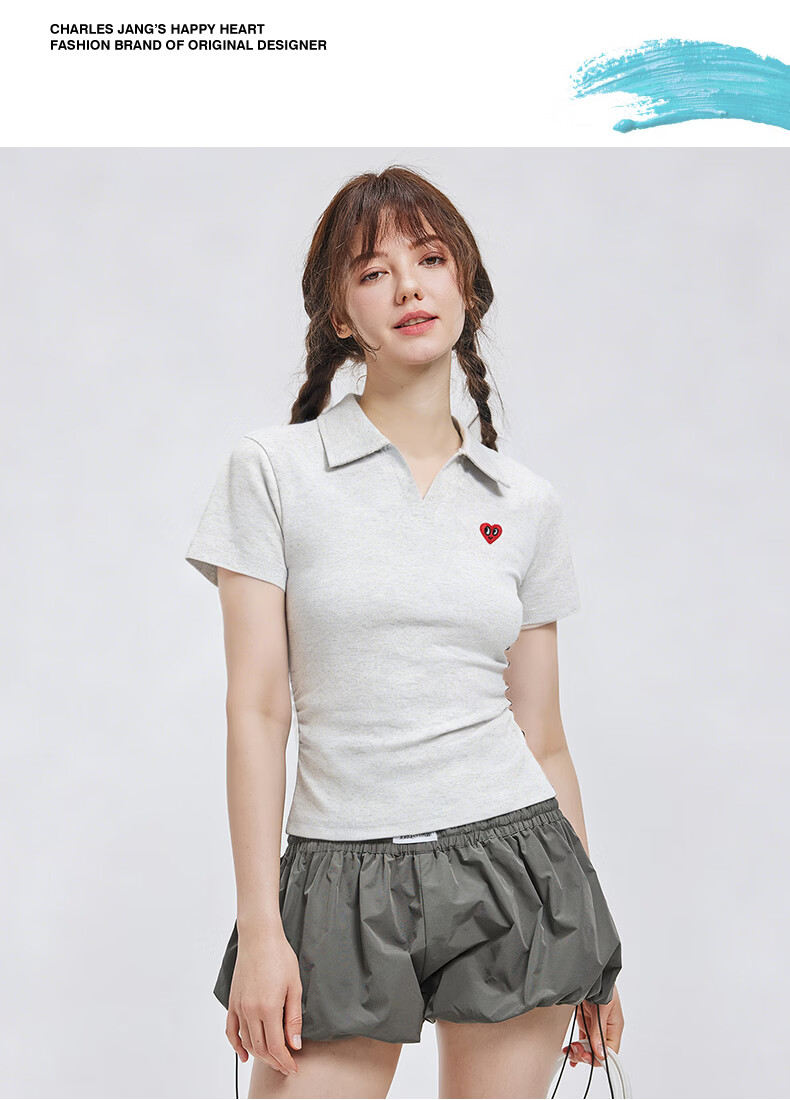 Charles Peach Heart Summer Commuter Style Solid Color Heart Logo Short Sleeve Polo Shirt for Women Simple Slim Fit Light Heather Gray M 7