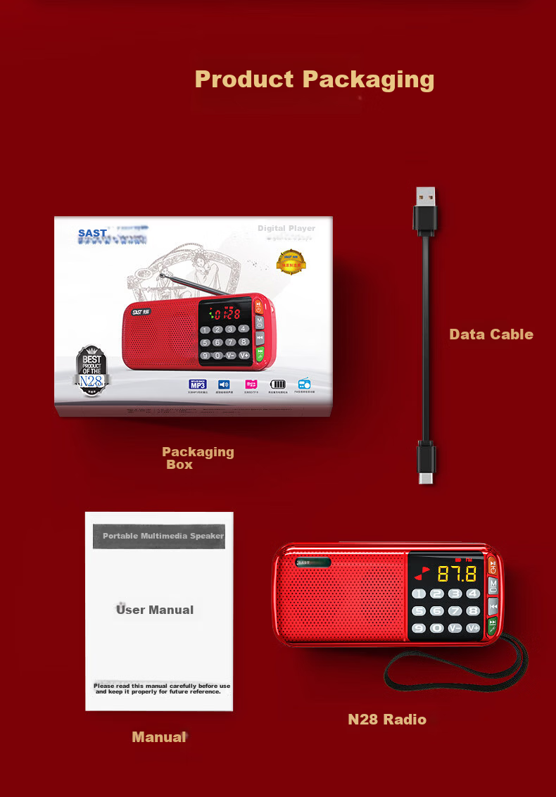 SAST N28 Portable Mini Radio for Elderly, Rechargeable Card Player, FM Broadcast, Music Player, Semiconductor Opera Player, Rose Gold + 8GB Memory Card 18