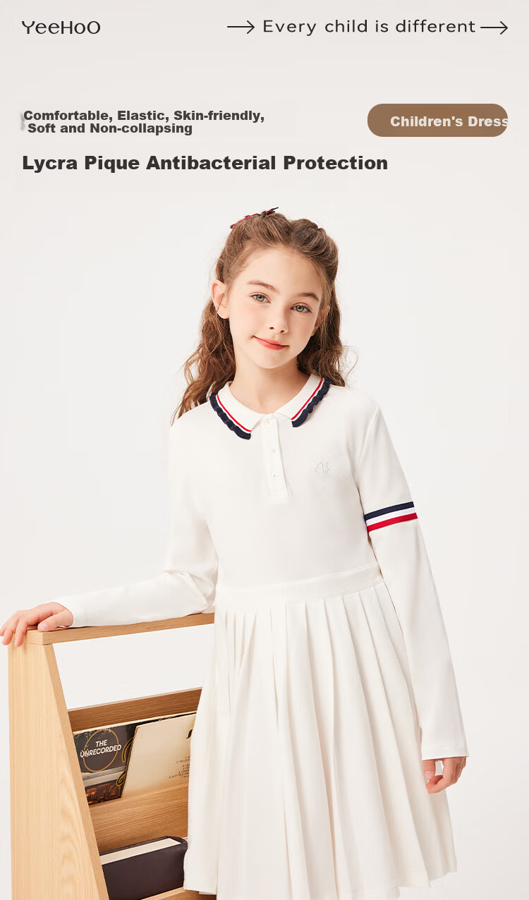 YEEHOO Girls' Dress Children's Skirt Pleated Skirt Casual School Style Long Sleeve Spring White Size 130 1