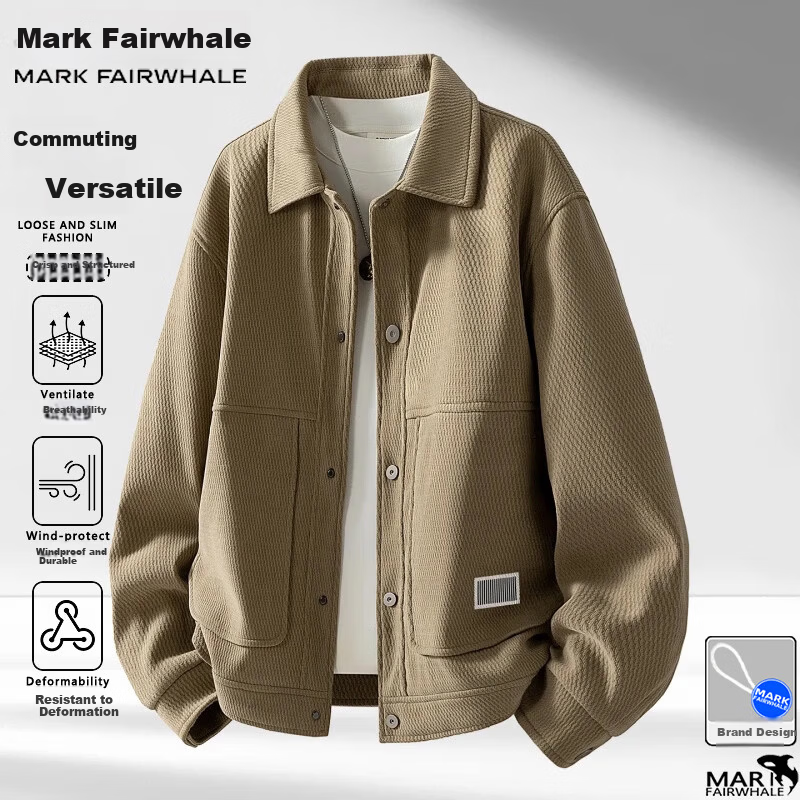 MARK FAIRWHALE Men's Spring and Autumn Casual Commuter Versatile Shirt Collar Outdoor Jacket Light Camel M