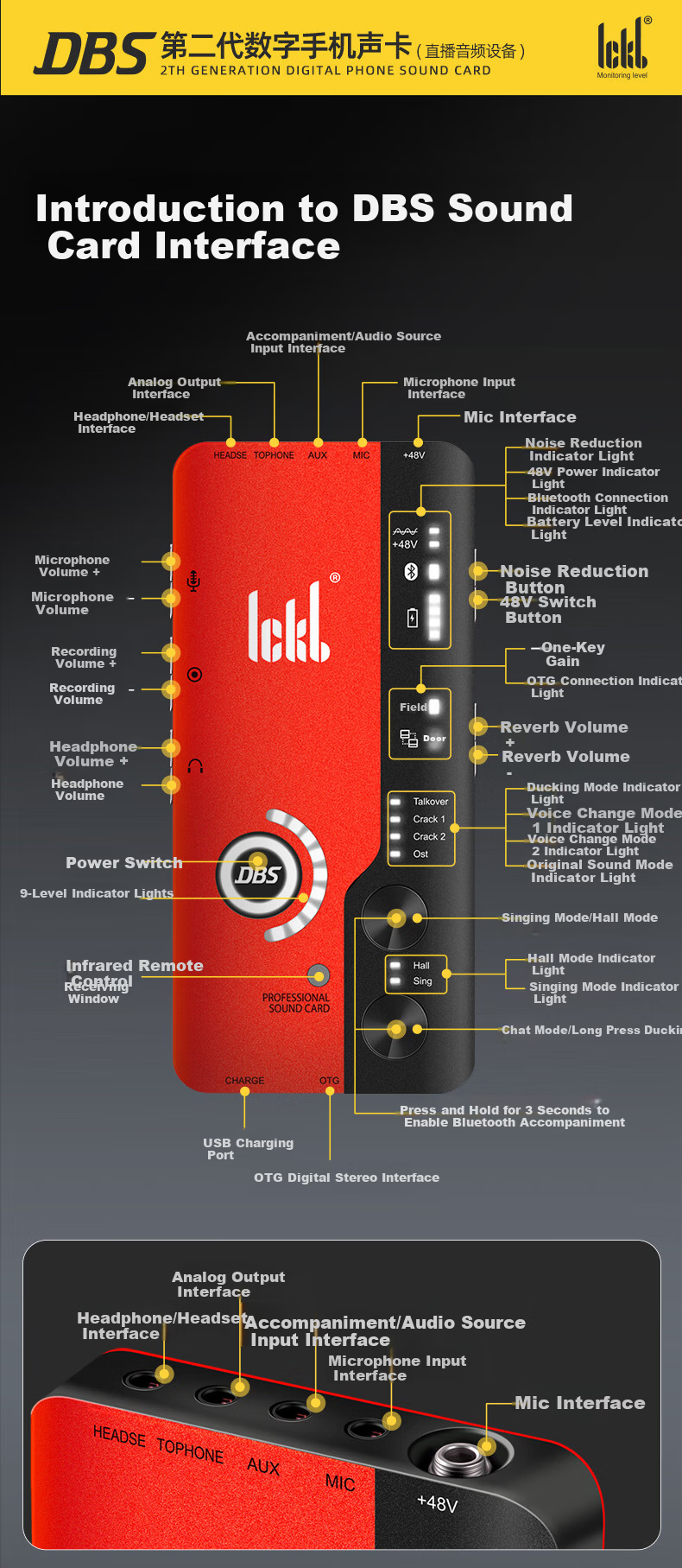 Ickb DBS Sound Card 2nd Generation Kit Mobile Live Streaming Computer Douyin Kuaishou Universal Host Singing KTV Recording Live Streaming Equipment Complete Set Red Condenser Microphone 17