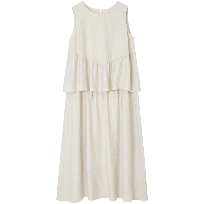 Demana [with Natural Wind Linen] Summer Design Patchwork False Two-Piece Sleeveless Off-Shoulder Waterdrop Button Cake Dress