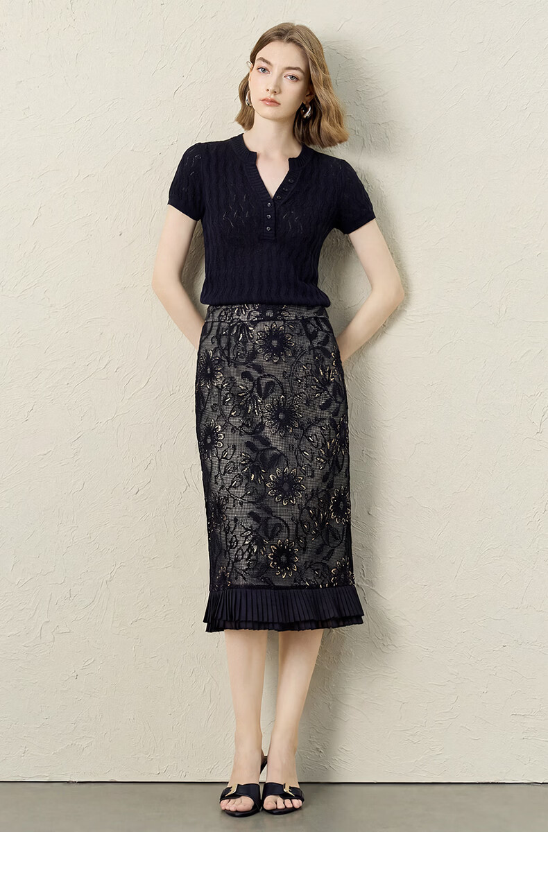 Yanyu Black Slim Fit Knit Top Women 2026 Summer High-End Vintage Style Short Sleeve Half-Open Collar Shirt Black S 19