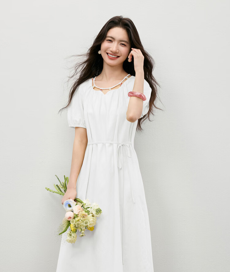 Shangdu Bira Linen Acetate Lyocell Dress Women Spring Summer Elegant Hollow Beaded Round Neck A-line Loose Slim Long Dress 25