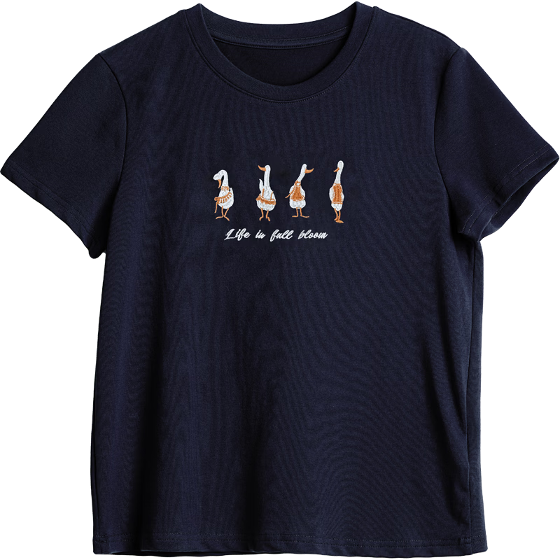 Olrain Eurier New Summer Casual Simple Embroidered Design Crew Neck Pullover Short Sleeve T-Shirt for Women Navy Blue M