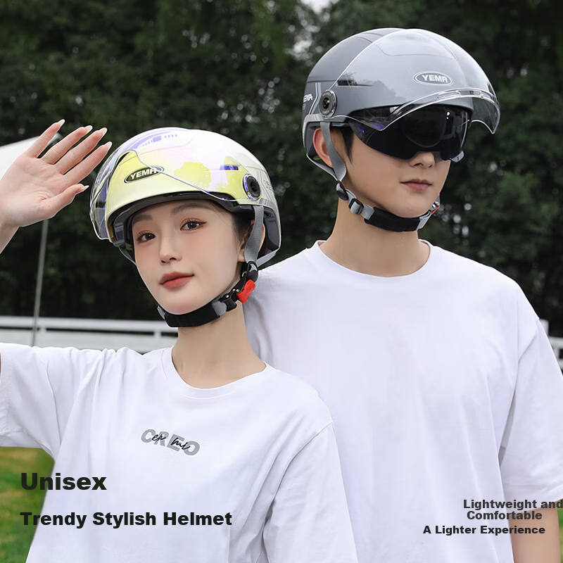 YEMA 3C Certified Electric Motorcycle Helmet Unisex Half Helmet Summer Sun Protection Dual Visor Zero-Pressure Skylight Four-Season Universal Electric Scooter Safety Helmet 370S Cool Gray with Transpa