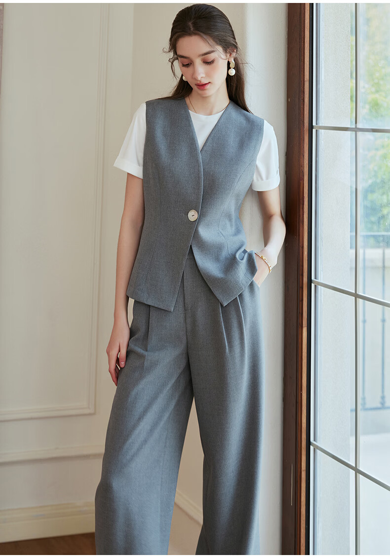 ROEYSHOUSE Women's Premium Minimalist Slim Fit Vest Spring Professional OL Commuter Jacket 10193 Light Gray S 11