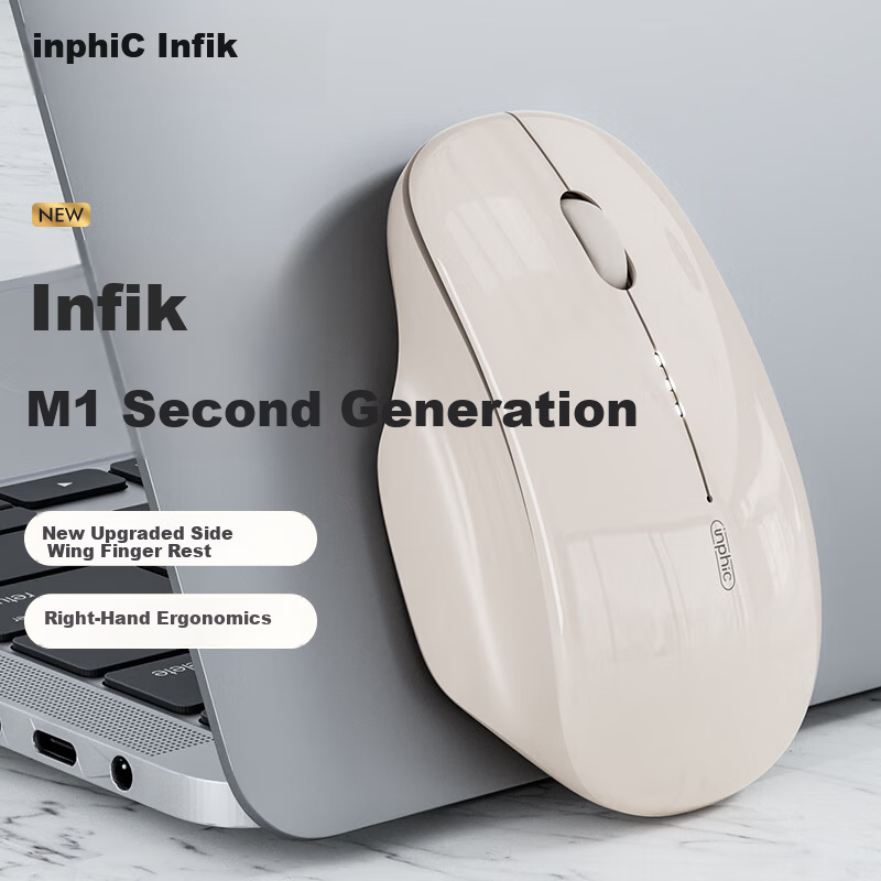 INPHIC M1 Second Generation Rechargeable Wireless Mouse Silent Office Asymmetric Ergonomic Grip Battery Display Universal for Laptop 2.4G Wireless White Apricot