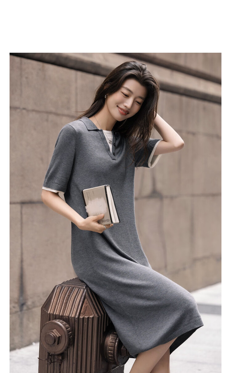 Demana [Mulberry Silk and Wool Blend] Spring Smart V-Neck Color-Block Short Sleeve Slim Loose Dress for Women 11
