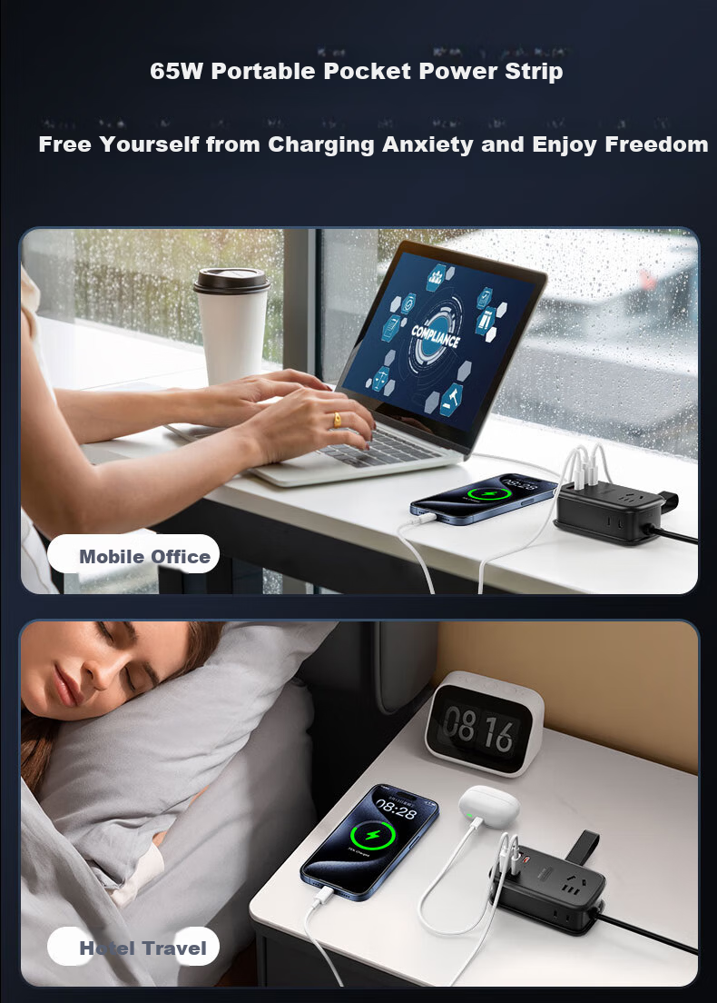 Niudundinglv 65W Gallium Nitride Pocket Power Strip + 60W Dual USB-C Fast Charging Cable Set, Supports Direct Laptop Charging, USB Power Strip/travel Socket/power Strip 10