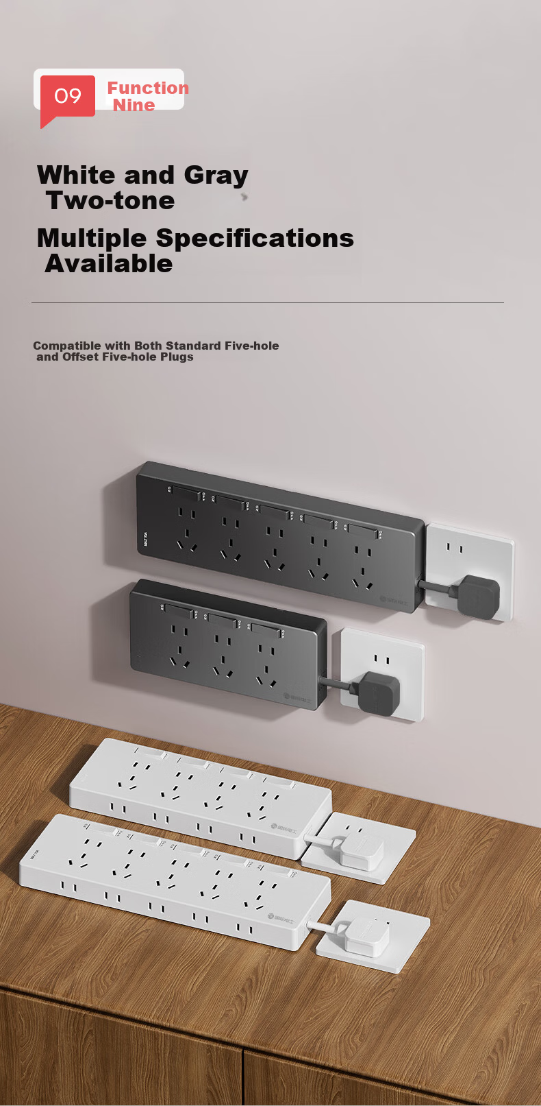 International Electric Multi-Port Wall-Mounted Wireless Extension Socket Expander Power Strip Panel Right-to-Left Expansion White 13