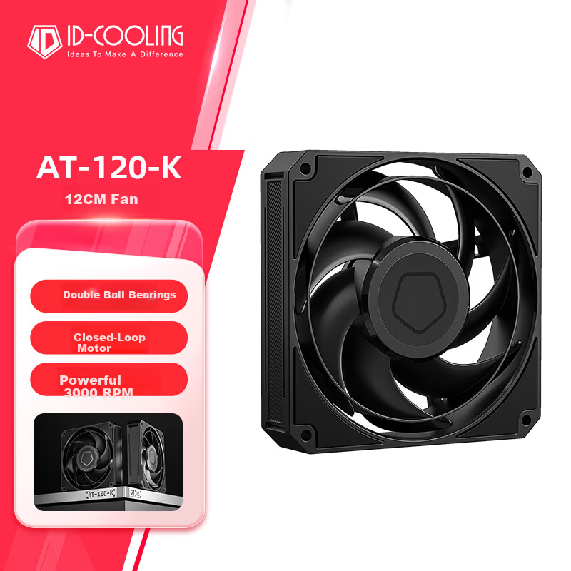 ID-COOLING AT-120-K 12cm High-Performance Airflow and Air Pressure Fan 3000 RPM Dual Ball Bearing Computer Case Air and Water Cooling Radiator Fan