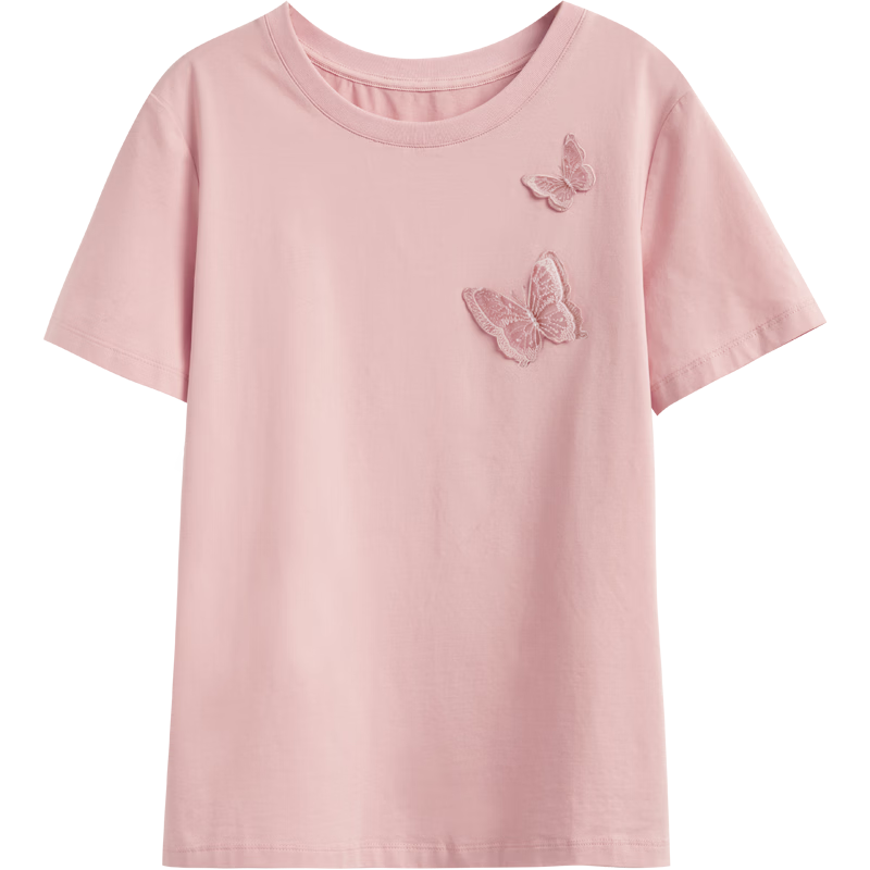 Olrain Embroidered Butterfly Short Sleeve T-Shirt Women Summer Casual Loose Top Pink (New Batch) L