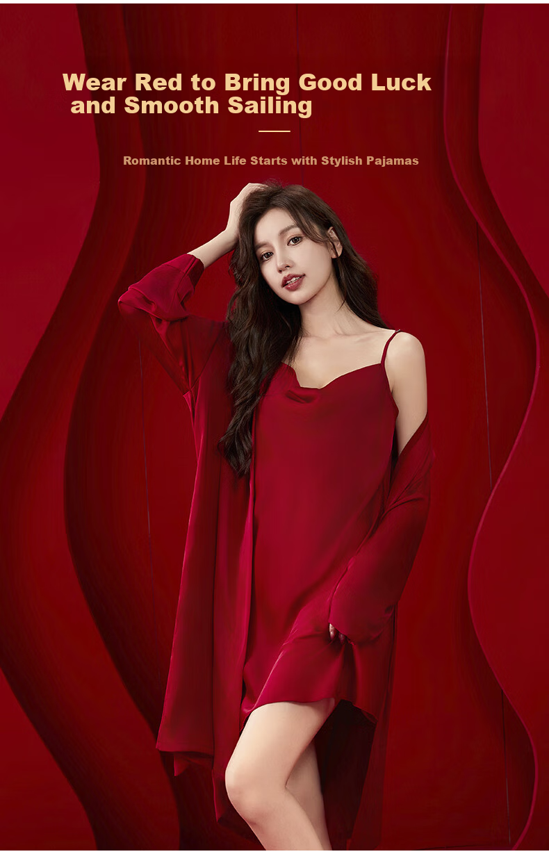Mrs. Josha French Style Red V-Neck Wedding Nightgown Women's Summer Sexy Pure Desire Camisole Sleepwear Ice Silk Robe Birthday Gift for Girlfriend 3