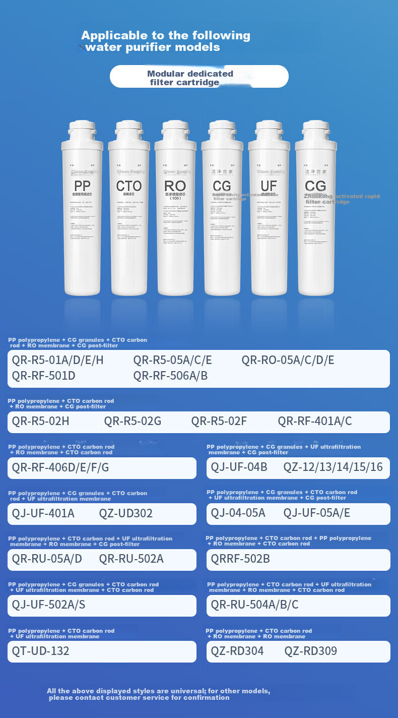 Clean Family Compatible Qinyuan Water Purifier Filter Cartridge Full Modular Set QR-RF-401A/C/502B/506A/QR-R5-01G/02G/02H/02F/E CTO Carbon Rod Filter Cartridge 3
