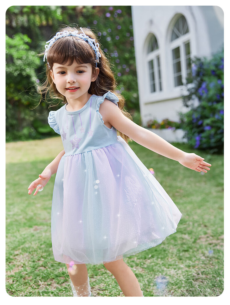 JELLYBABY Flutter Sleeve Fairy Dress Summer Girls Baby Patchwork Mesh Breathable Lightweight Skirt 25
