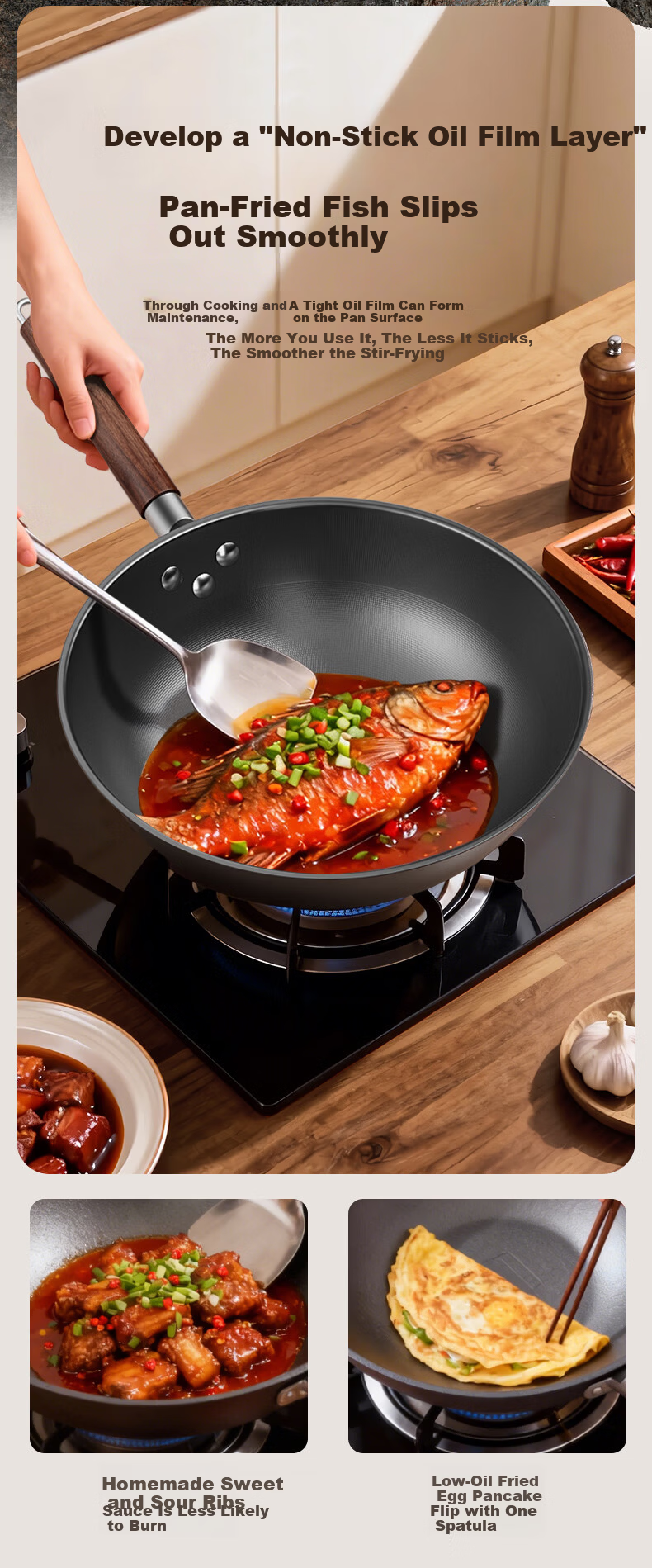 VATTI Titanium Iron Wok Non-Coated Non-Stick Stir Fry Pan Nitride Rust-Resistant Compatible with Gas Stove and Induction Cooker 11