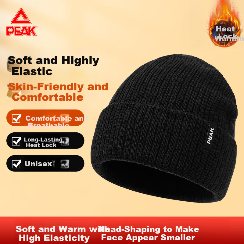 Peak Unisex Thickened Warm Knitted Hat Autumn Winter Ski Cycling Trendy Cold Weather Beanie Black