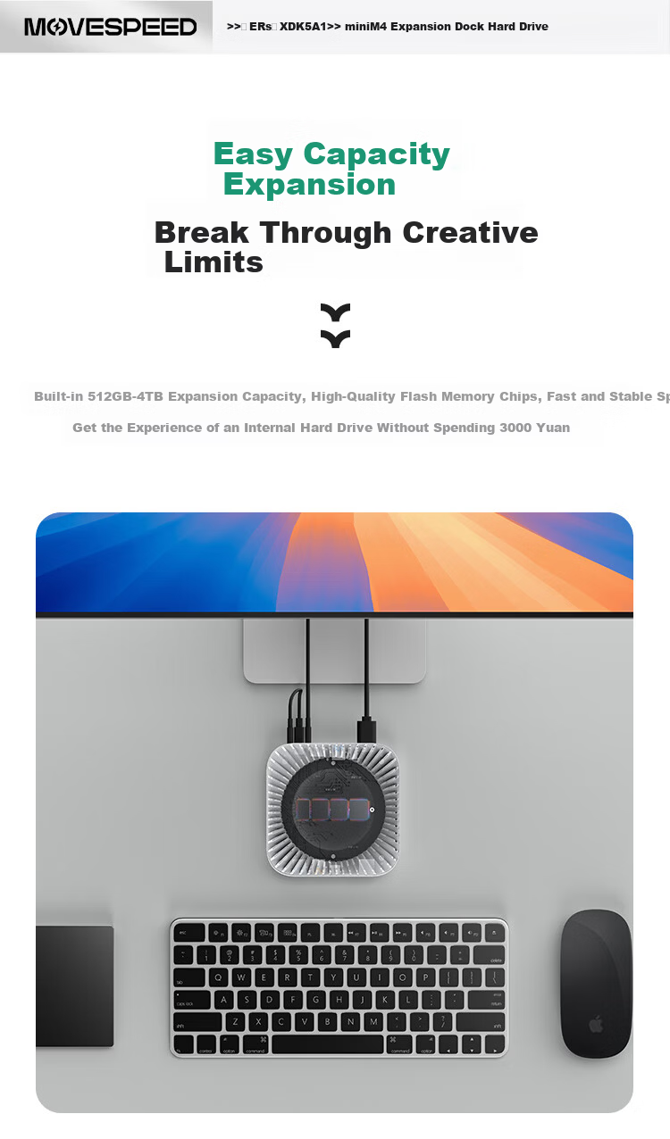 MOVE SPEED 4TB Portable SSD (PSSD) for Mac mini M4 Dock Expansion Drive 40G Transfer External SSD Hard Drive with Cooling USB Dock 6