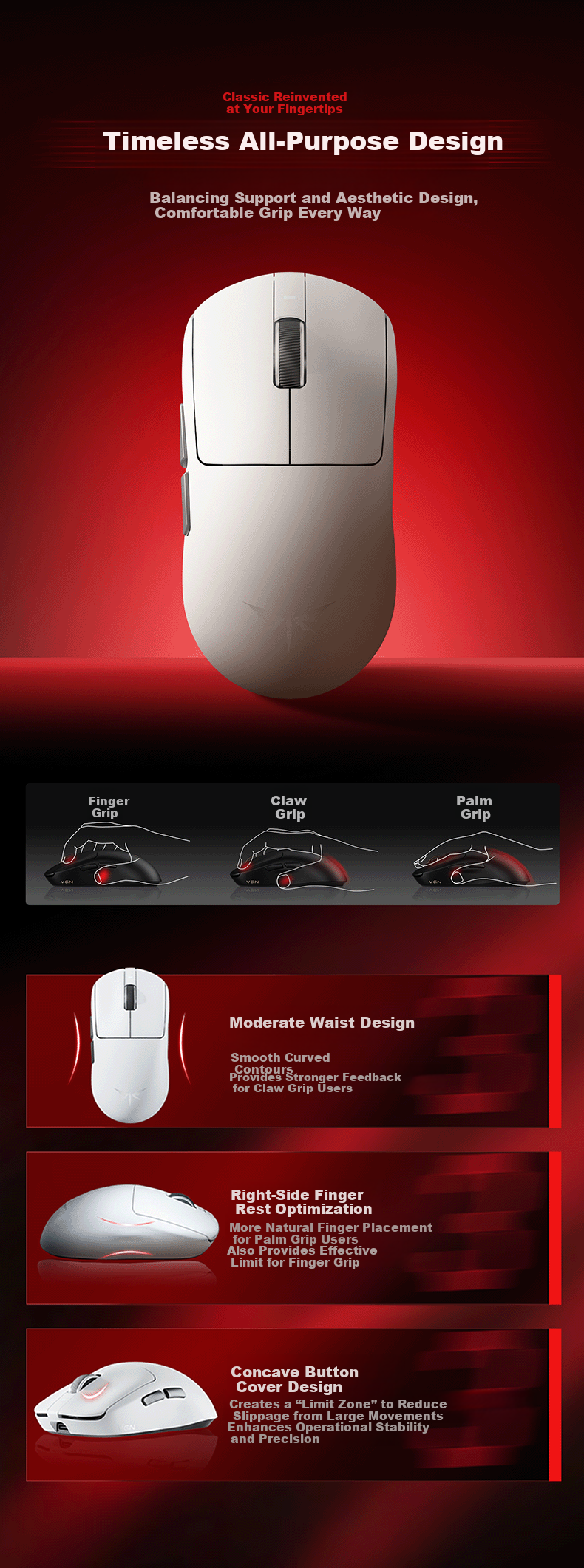 VGN Dragonfly 3 Lightweight Wireless Mouse Gaming Office Long Battery Life Versatile Medium-Large Hand Size Original PAW3311 Tri-Mode Connection Dragonfly 3 SE Rose Red 4