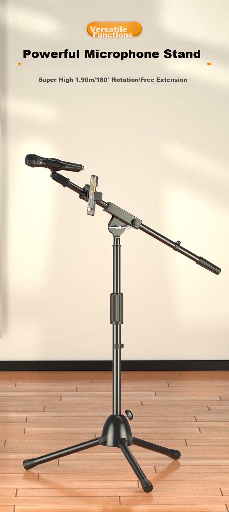 NINTAUS HY-106 Microphone Stand, Floor-Standing Live Streaming Steel Tube Body, Telescopic Tripod, Recording Stage Stand, Single Pole with U-Shaped Clamp, Butterfly Clamp, And Flat Clamp 1