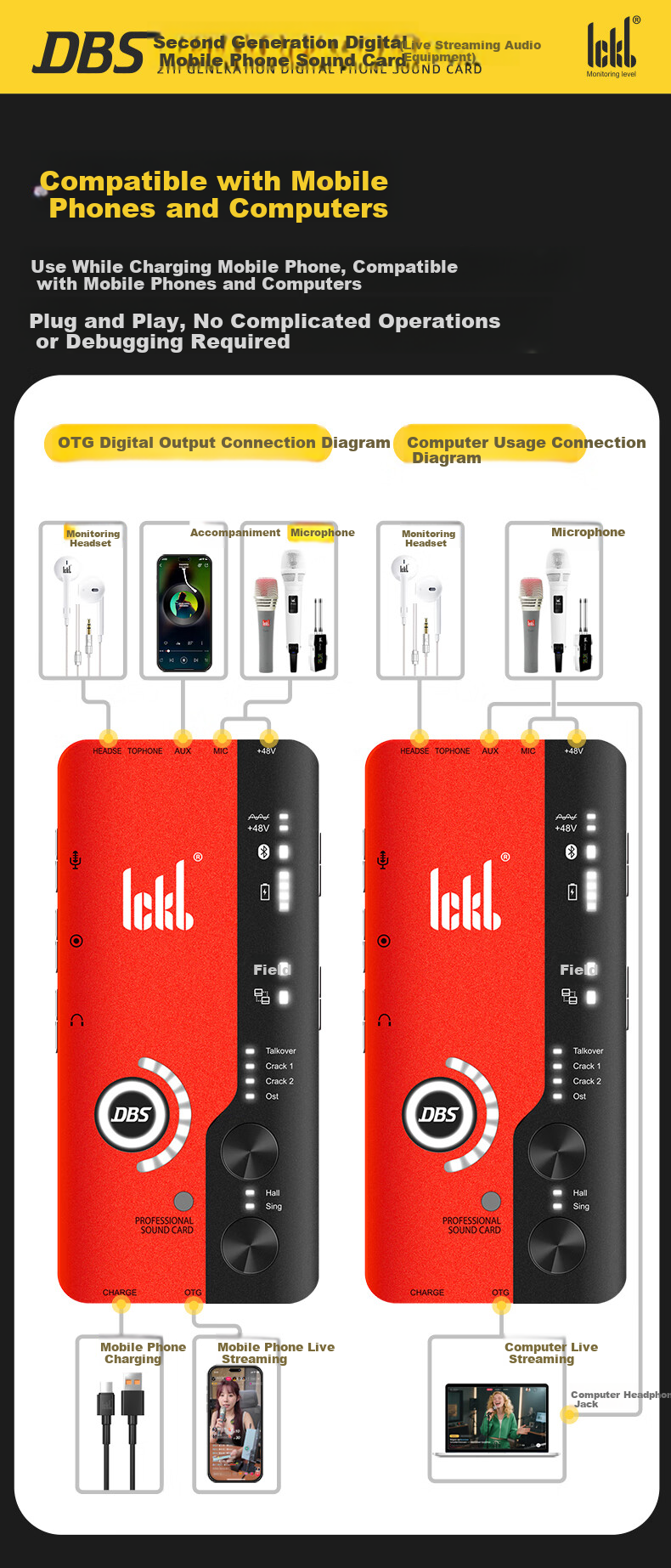 Ickb DBS Sound Card 2nd Generation Kit Mobile Live Streaming Computer Douyin Kuaishou Universal Host Singing KTV Recording Live Streaming Equipment Complete Set Red Condenser Microphone 19