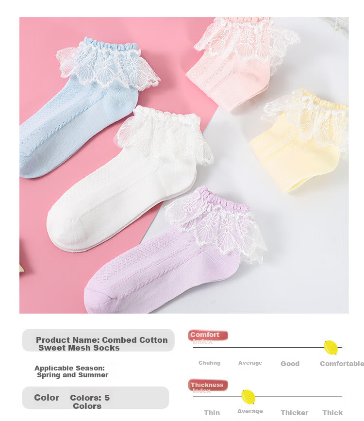 LangSha Children's Socks Girls Summer Thin Lace Edge Dance Socks Cute Versatile Princess Socks White 1 Pink 1 Yellow 1 Blue 1 Purple 1 Foot Length 18-20cm Age 5-7 Size 26-31 8