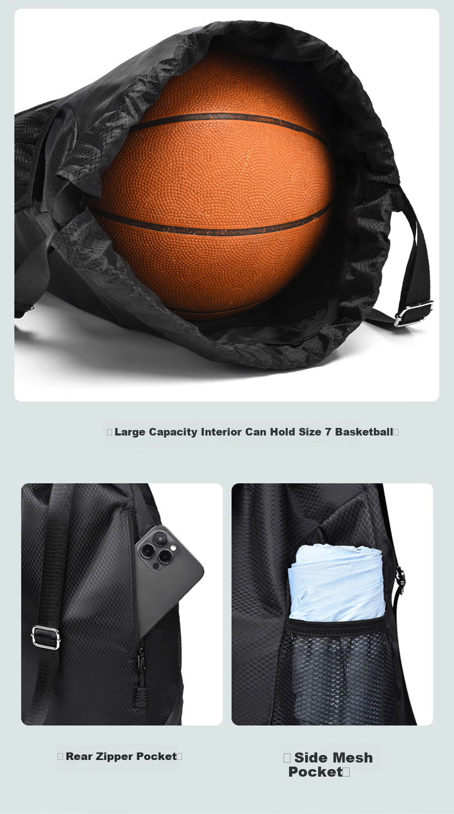 361° Sports Bag for Men Swimming Bag Basketball Bag Football Backpack Training Fitness Drawstring Shoulder Bag Black 2