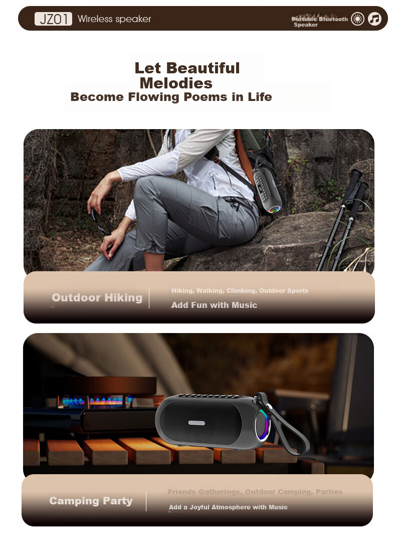 Jinzheng JZ03 Bluetooth Speaker IPX5 Waterproof Outdoor High Volume Deep Bass Cool Lighting Home Desktop Portable Long Battery Life Wireless Speaker Elegant Blue 11