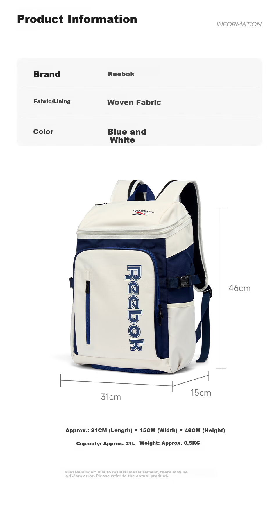 Reebok Badminton Backpack Men's Outdoor Double Shoulder Professional Tennis Training Bag Women's Racket Sports Bag Blue and White 3