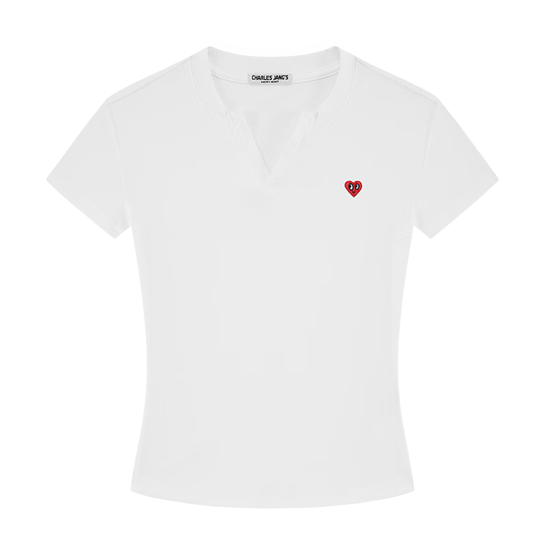 Charles Peach Heart Summer Simple Love Logo Women's V-Neck Short Sleeve T-Shirt Loose Waist Slim Casual Yellow L