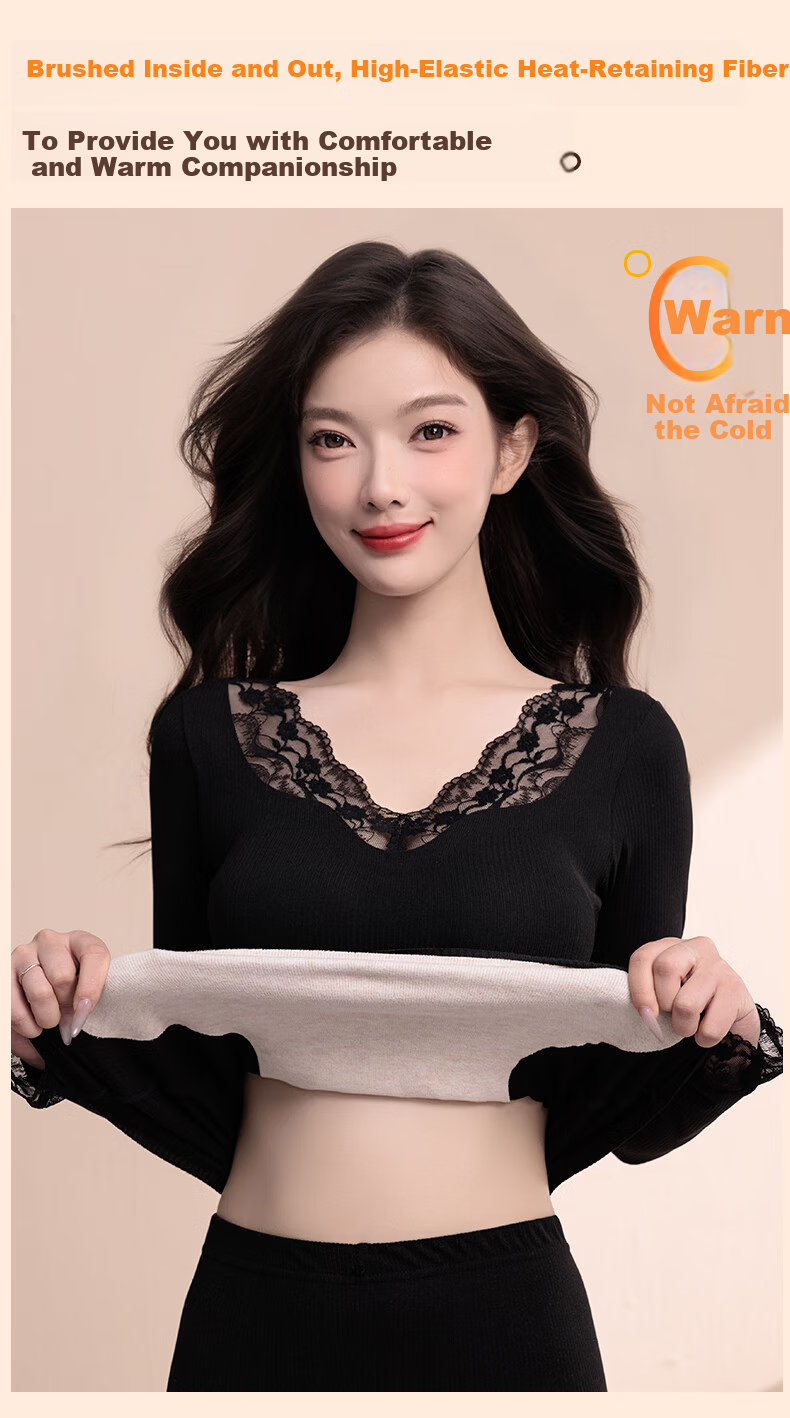 OEING Women's Thermal Underwear Lace V-Neck with Chest Pad Bra-Free Versatile Base Layer Autumn Warm Set 7