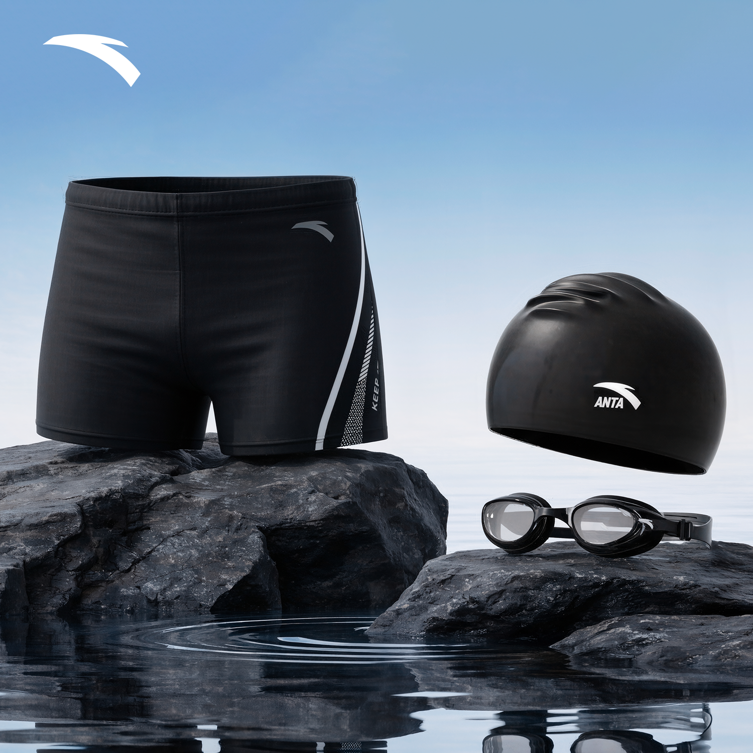 ANTA Men's Swimming Trunks Square Leg Racing Swimwear with Goggles and Cap Set Size L