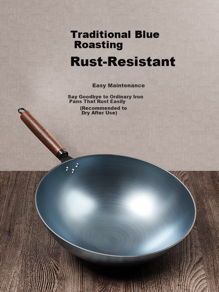 Deming 34CM Carbon Steel Wok Non-Coated Gas Stove Round Bottom Stir-Fry Pan for Home Cooking 5