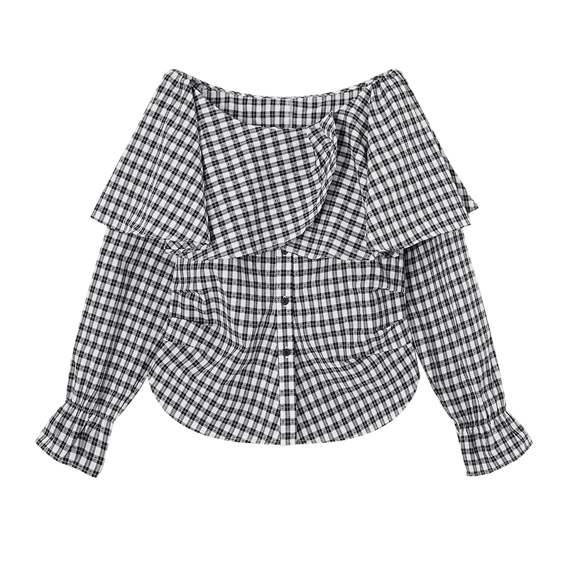 Demana [Cloud Soft Cotton Blend] Spring Off-Shoulder Ruffle Side Ruched Plaid Petite Women's Shirt