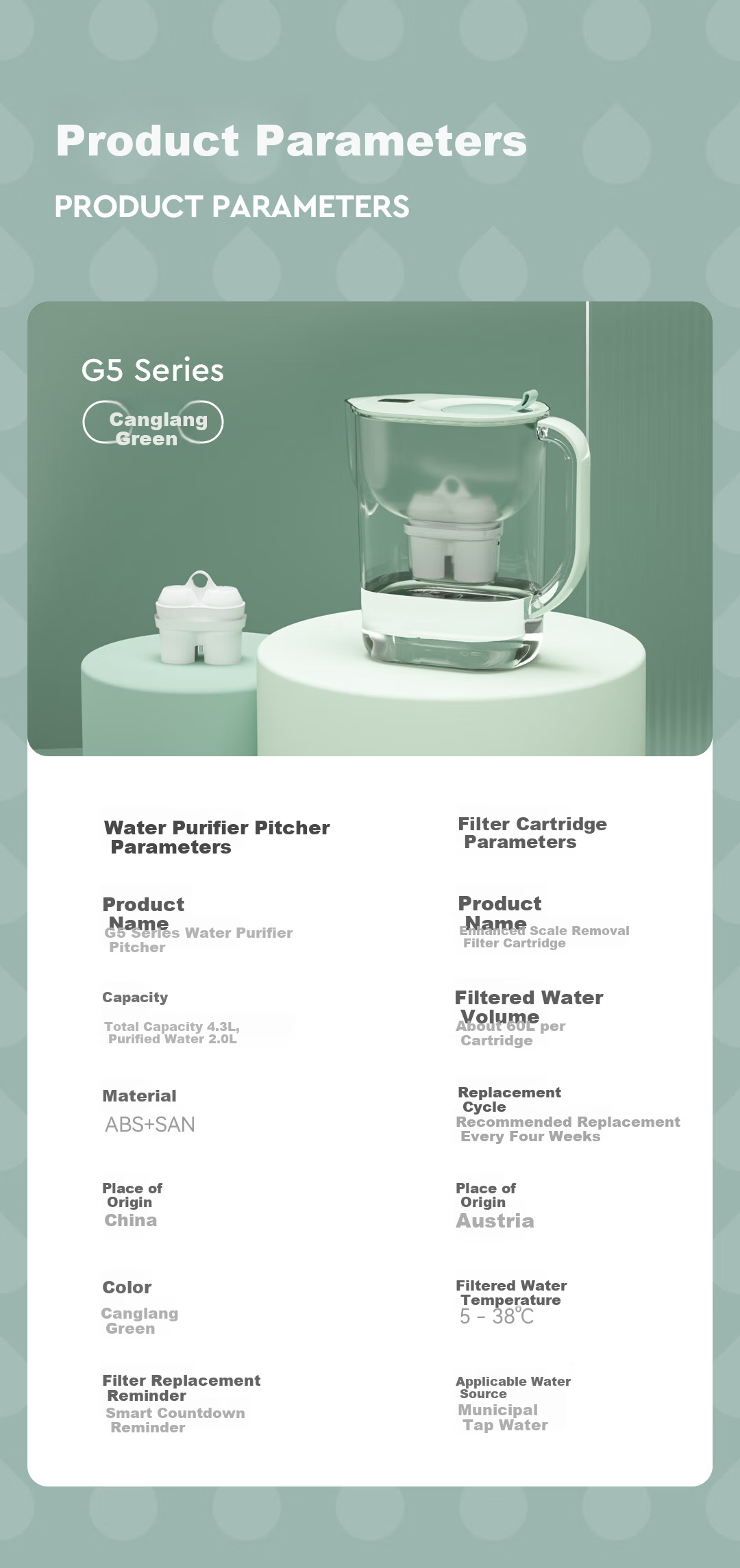 Besy Water Filter Pitcher Household Large Capacity Baby Water Purifier G5 Series 4.3L (Canglang Green) One Pitcher with 6 Magnesium Ion Filter Cartridges 10