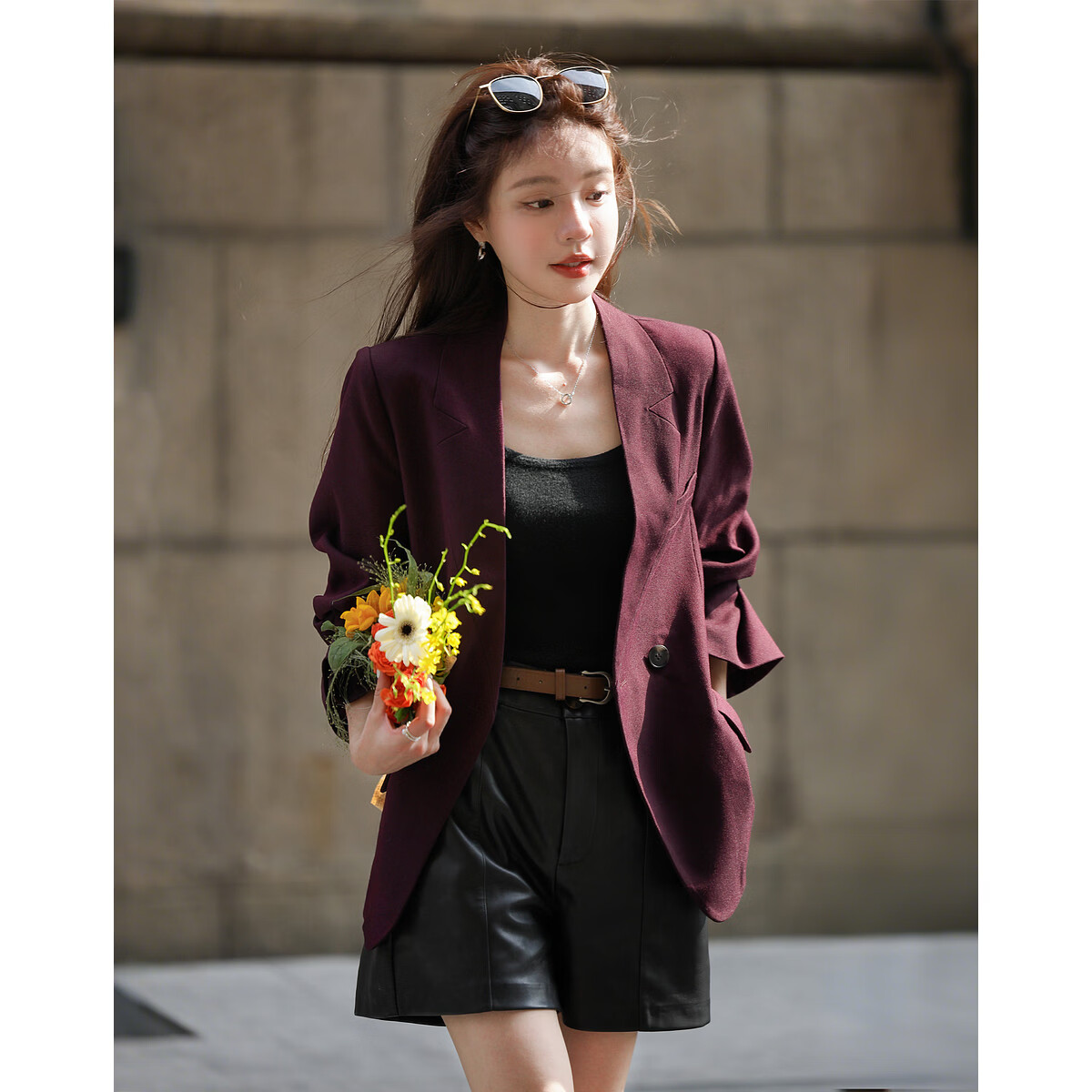 MT [Magazine Editor-in-Chief] Spring Commuter Ruffle Sleeve False Collar V-Neck Double-Breasted Loose Women's Blazer Jacket