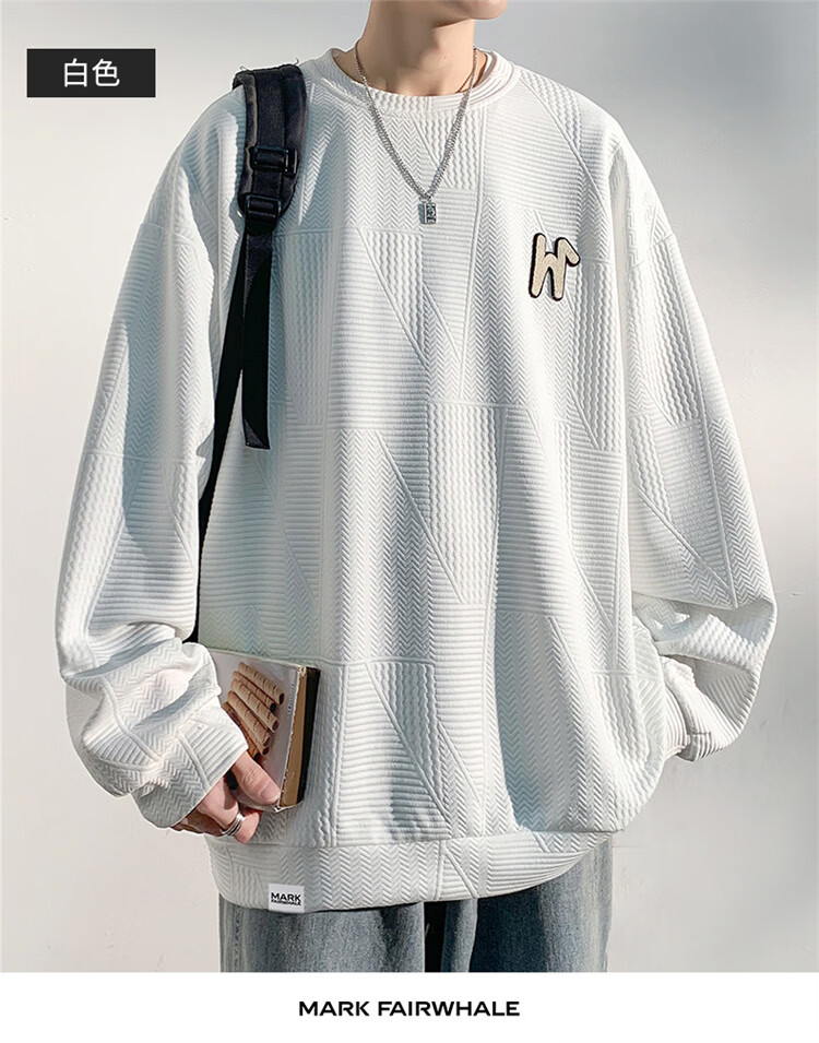 MARK FAIRWHALE Men's Sweatshirt Spring and Autumn Trendy Brand Crewneck Jacket Plus Size Loose Fit Black XL 8