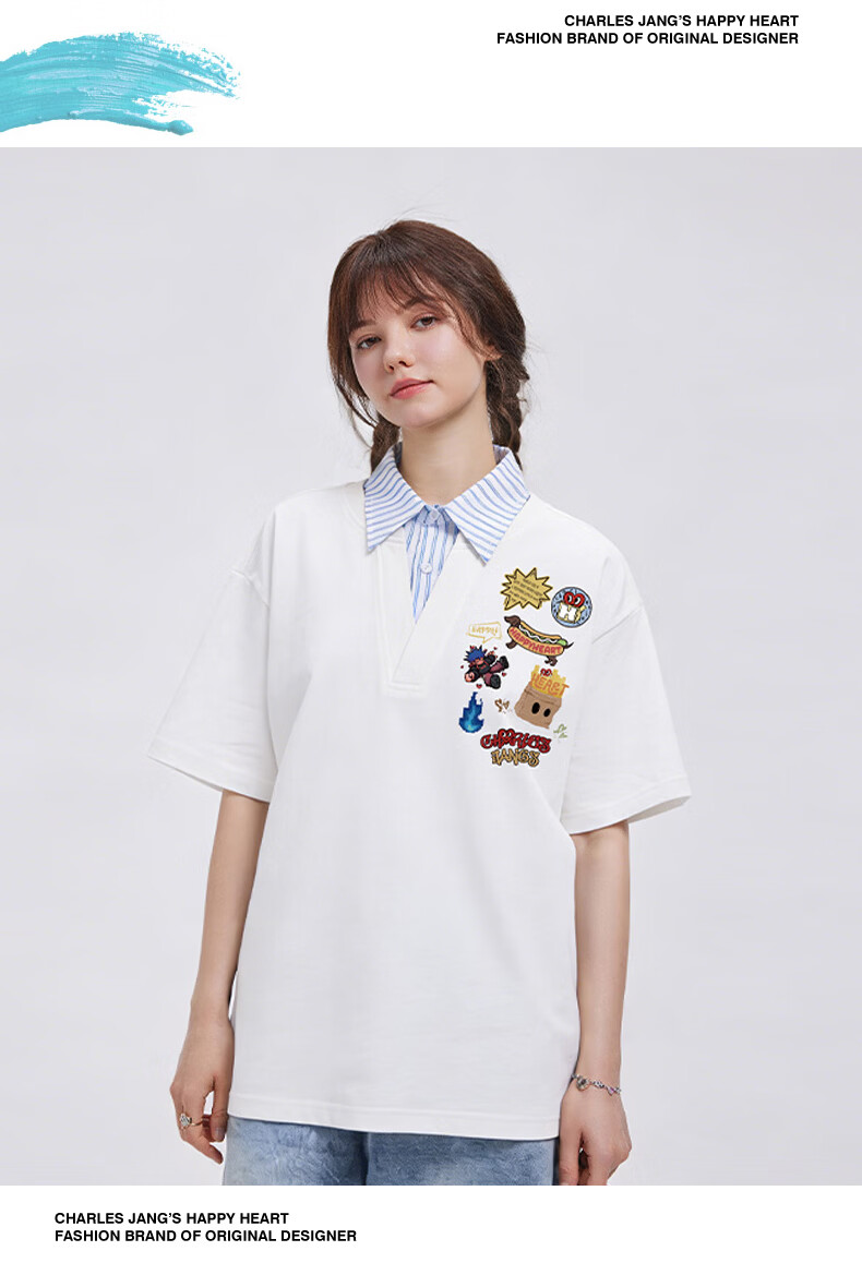Charles Peach Heart Summer Fake Two-Piece Fun Badge Print Couple Pure Cotton Short Sleeve Polo Shirt Unisex Off-White XS 14