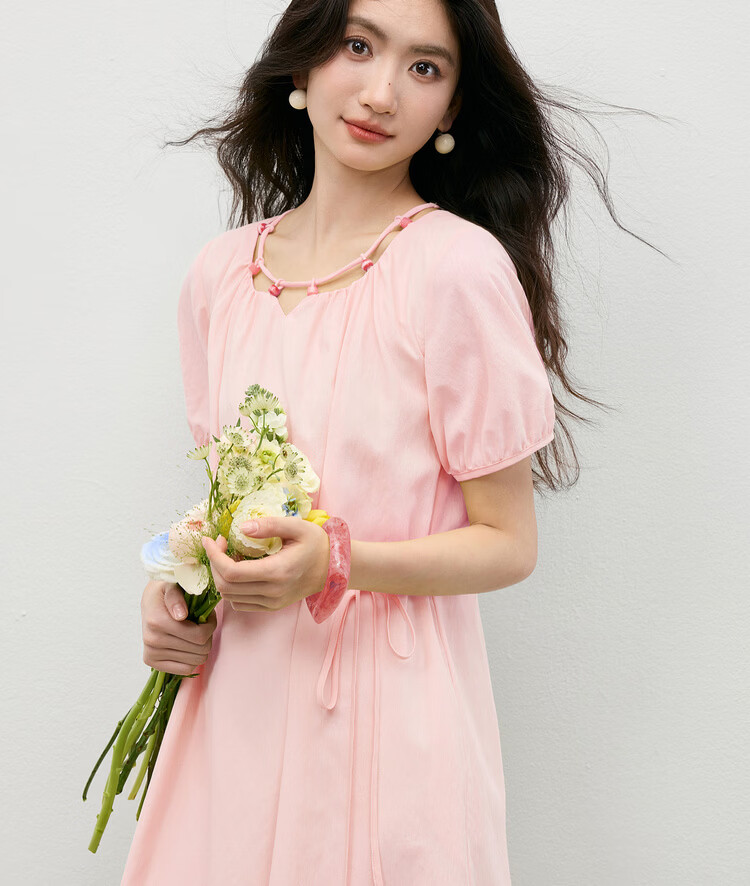 Shangdu Bira Linen Acetate Lyocell Dress Women Spring Summer Elegant Hollow Beaded Round Neck A-line Loose Slim Long Dress 12