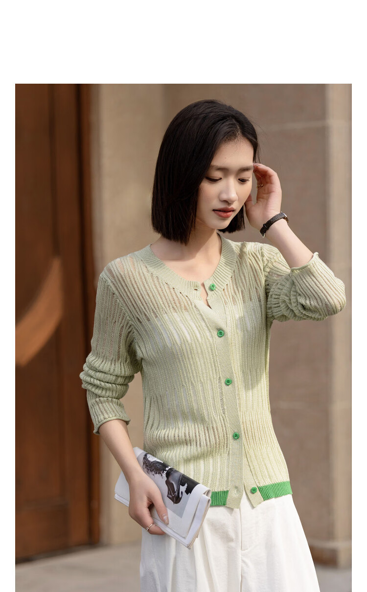 Demana Breathable Tencel Cardigan Spring Round Neck Hollow Out Color Block Soft Stretchy Women's Knit Sweater for Petite 11