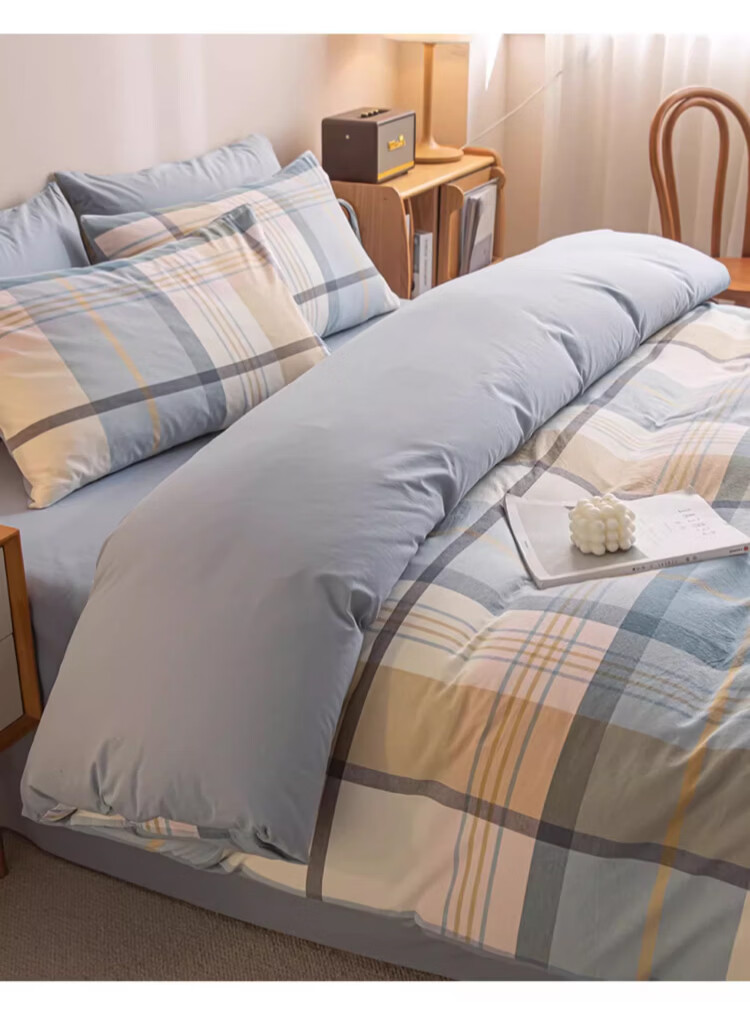 MUJI 100% Cotton Four-Piece Bedding Set Antibacterial AB Version Double-Sided Sheet and Duvet Cover 200x230cm 1.5/1.8m Bed British Blue Plaid 14